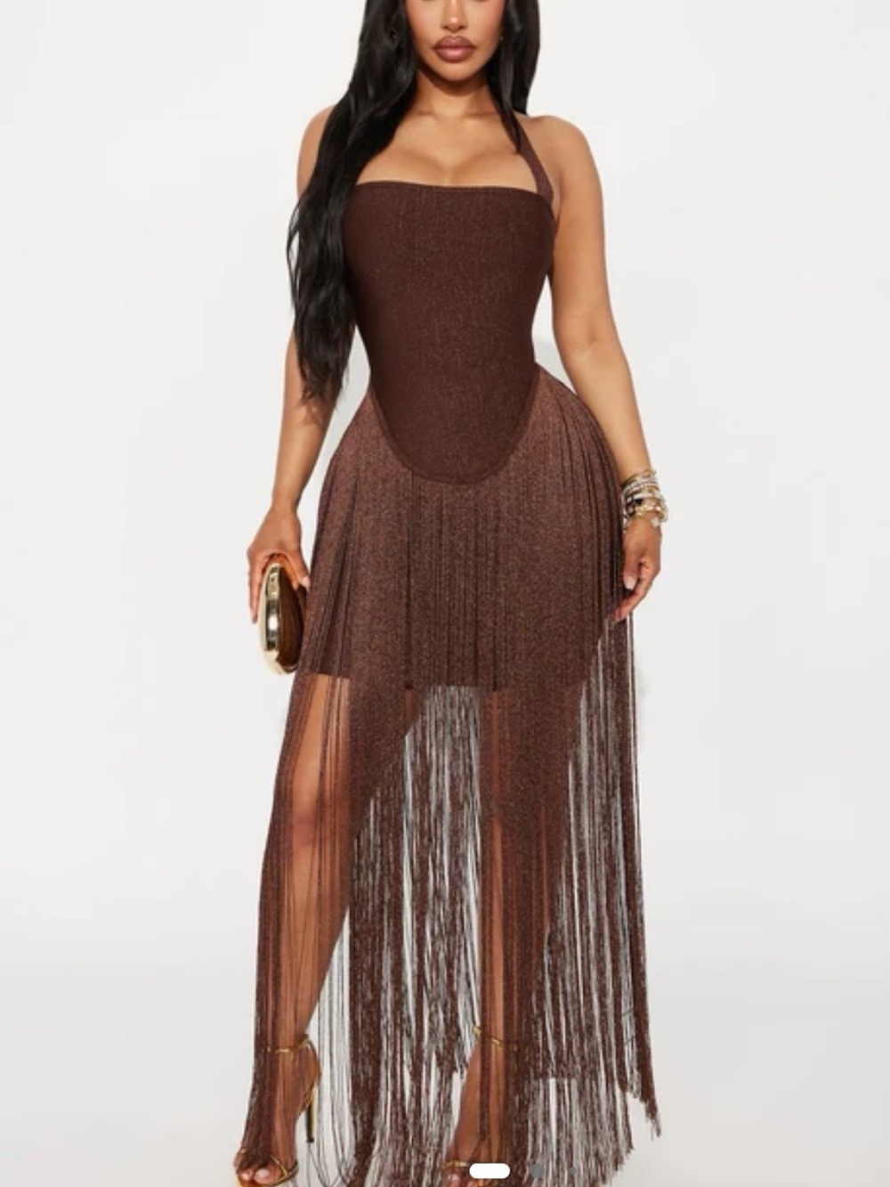 Fashion Nova Brown Fringe Halter High-Low Dress